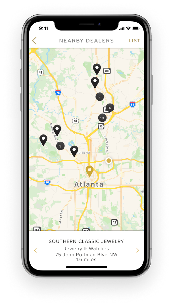 The 1stDibs app uses geolocation to allow users to see nearby galleries and dealers.
