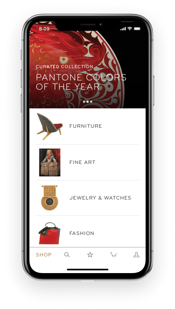 The 1stDibs app home tab provides curated collections and category based shopping.