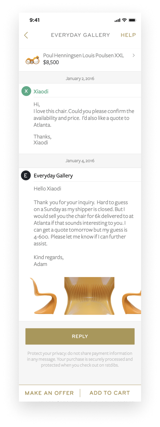 A message center allows customers to easily inquire about a product and make an offer.