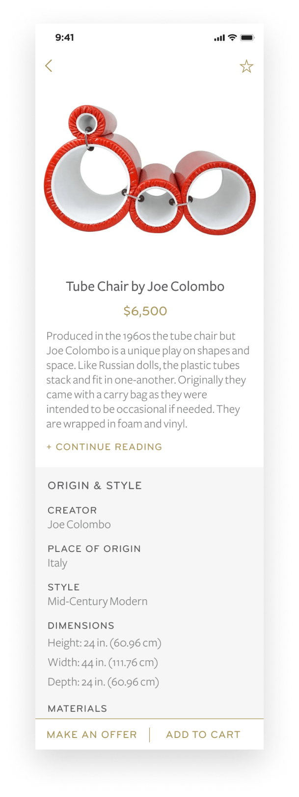 The PDP provides easy to scan details about the product and fixed CTAs to make an offer or add to cart.