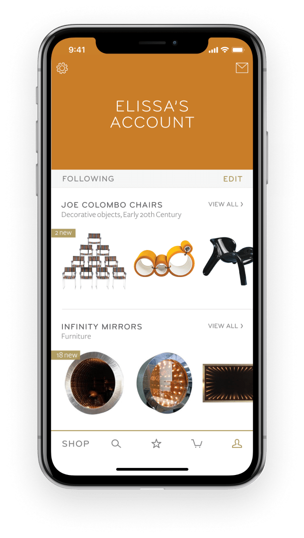 The 1stdibs app has a customer account section where users can manage favorites.