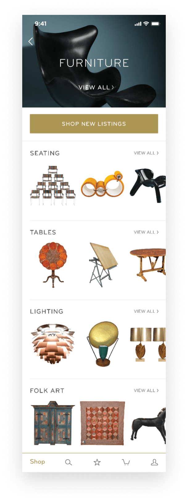 The 1stdibs app prioritizes photography to navigate categories. In this example furniture's secondary categories are shown as carousels.