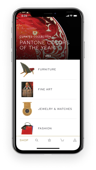 1stdibs iOS app home screen with easy access to category and merchandised shopping.