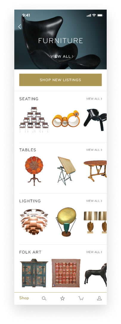 The 1stdibs app prioritizes photography to navigate categories. In this example furniture's secondary categories are shown as carousels.