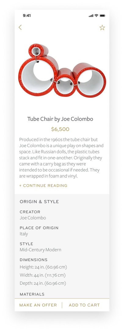 The 1stdibs app product detail pages lead with rich photography and provide all the details of the product in an easy-to-scan user interface.