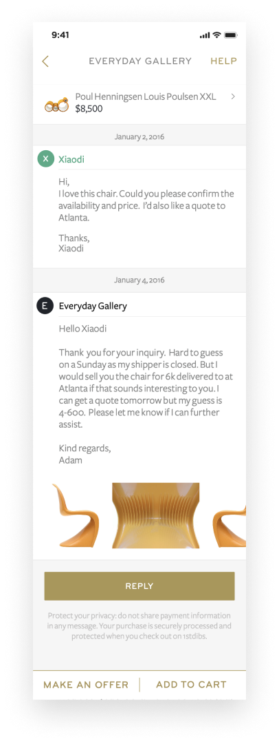The 1stdibs app has a native message center allowing customers and dealers to easily discuss products.