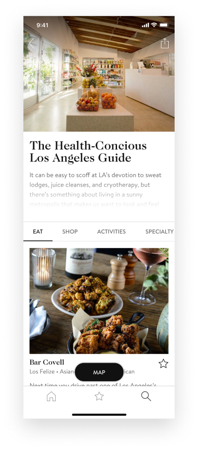 City guides are tailored to traveler preferences. For example, this Los Angeles guide is focused on places a health-conscious traveller would enjoy.