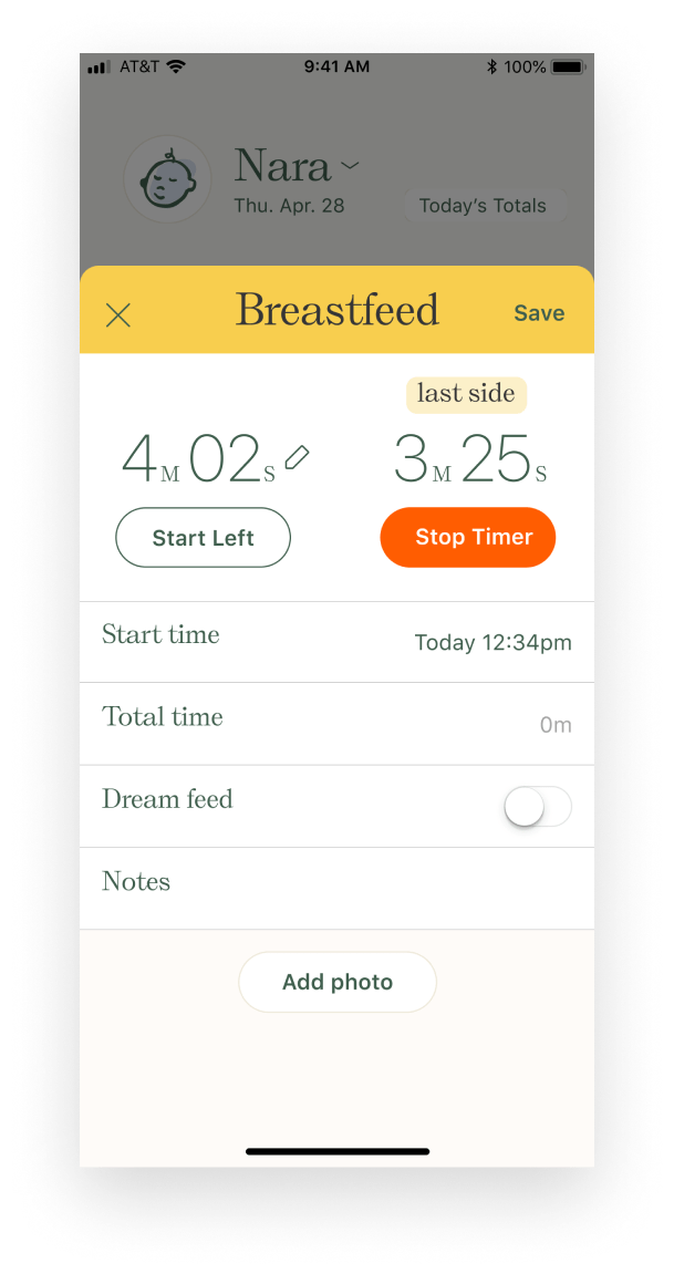 Nara baby tracker breastfeeding activity sheet UI.