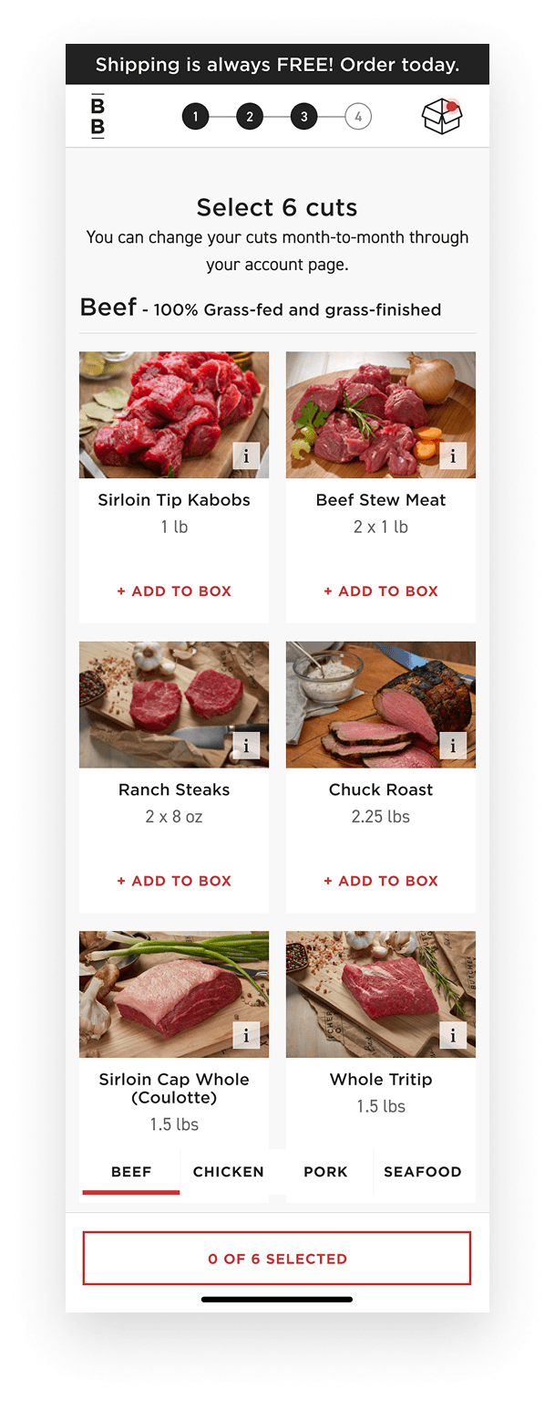 Cut selection in the ButcherBox mobile sign up flow.