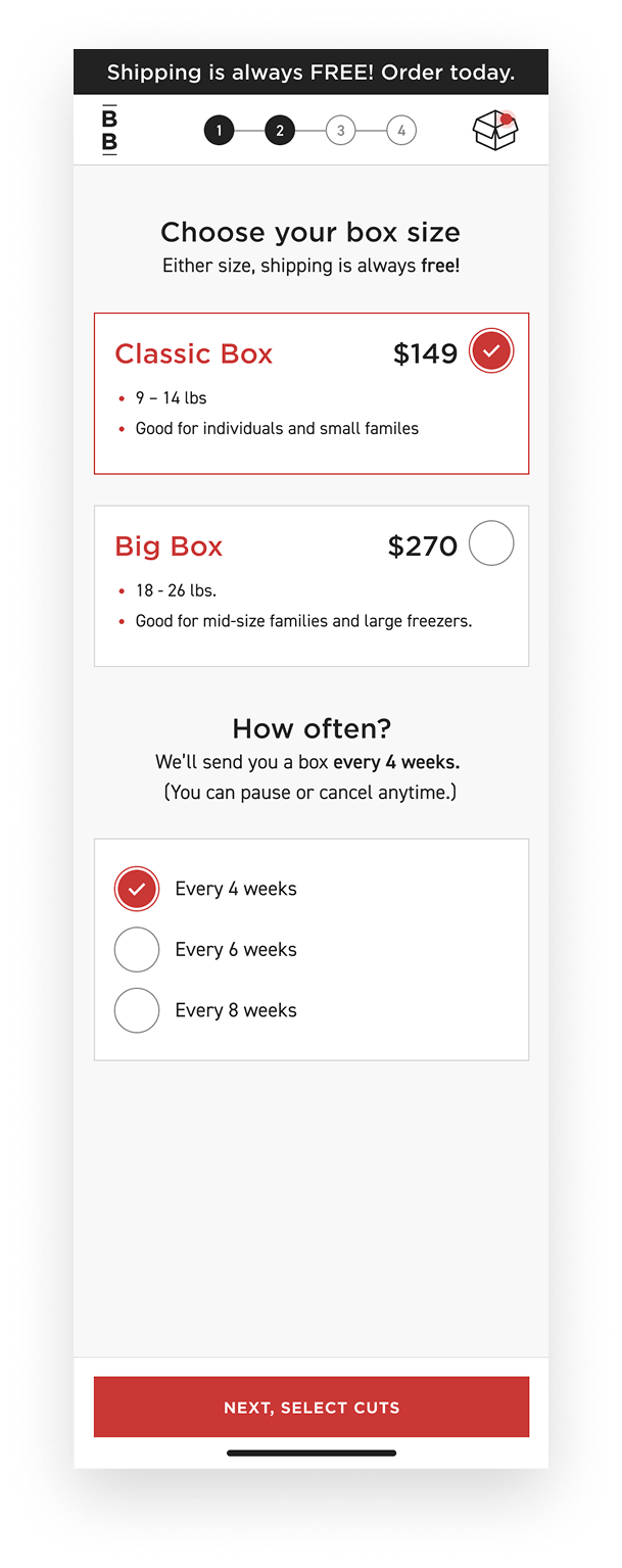 Box size selection in the ButcherBox mobile sign up flow.
