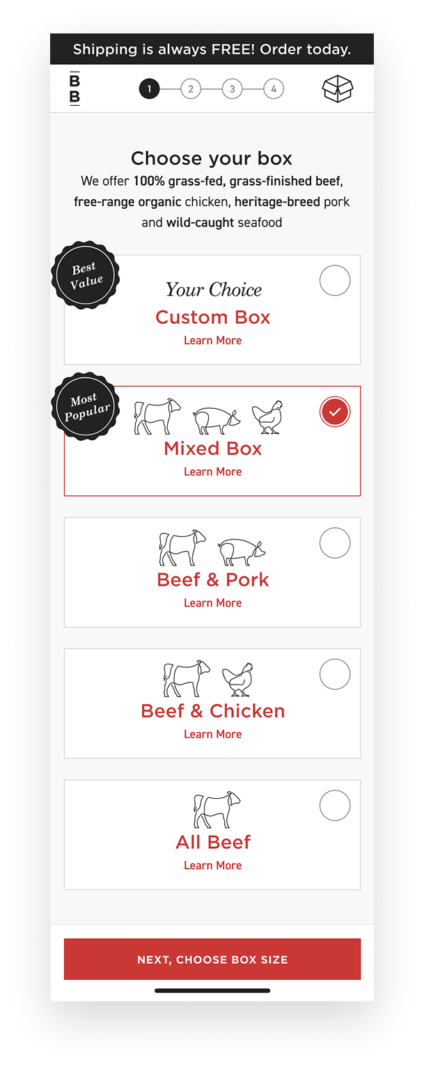 Box type in the ButcherBox mobile sign up flow.