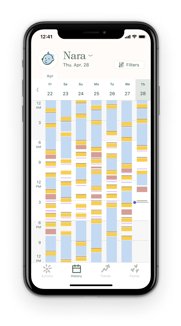 Nara baby tracker history tab UI showing the previous weeks tracked entries.