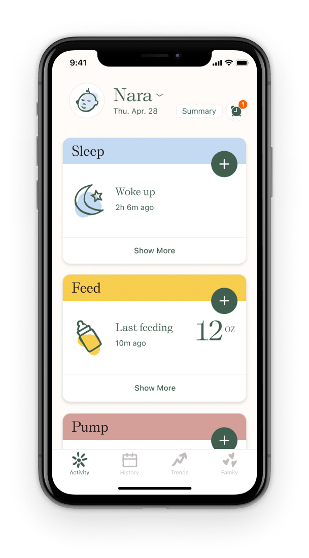 Nara baby tracker home tab UI showing multiple activities that can be tracked.