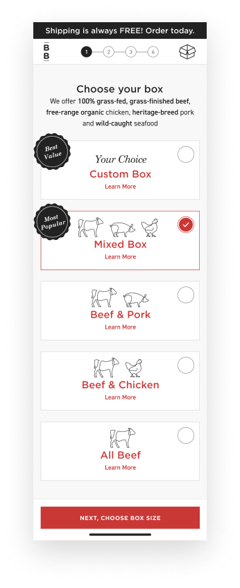 Choose your protein is the first step in the ButcherBox customer onboarding process.
