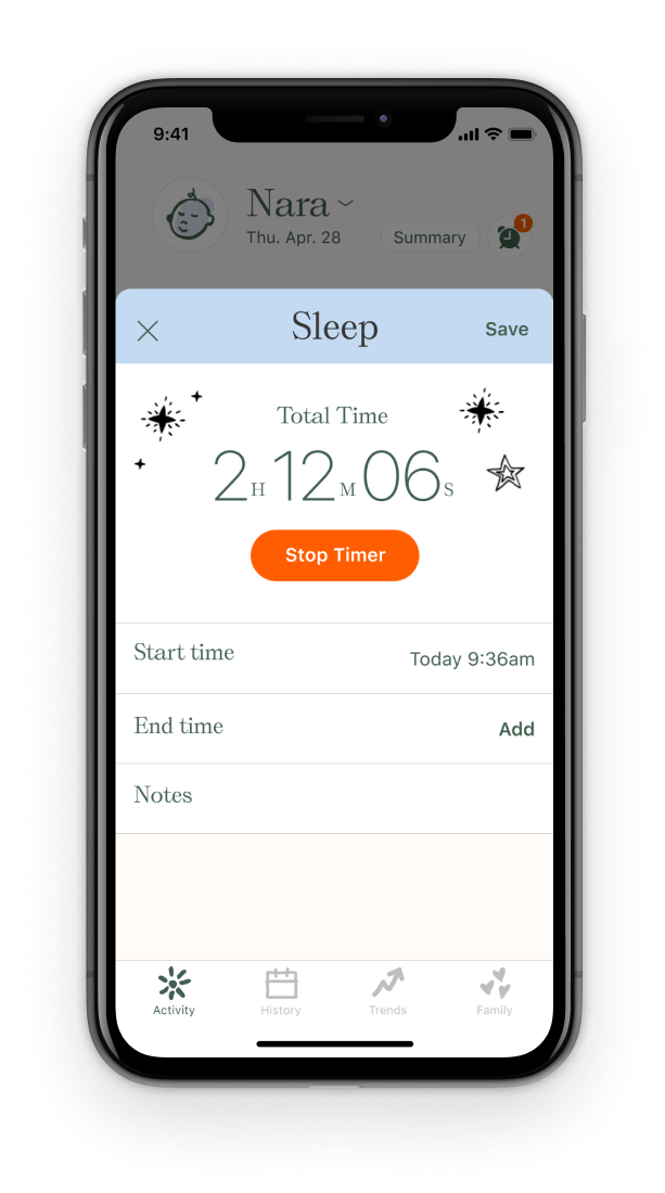 Nara baby tracker activity sheet UI for tracking sleep.