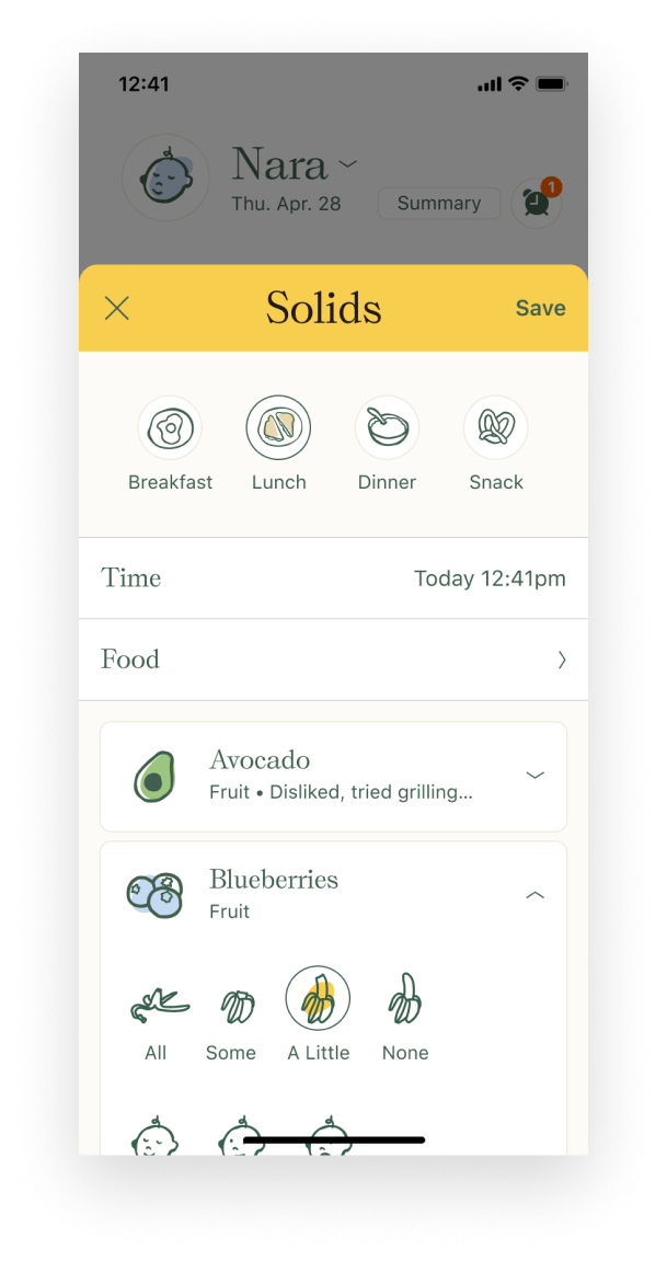 Nara baby tracker solids tracking sheet UI.