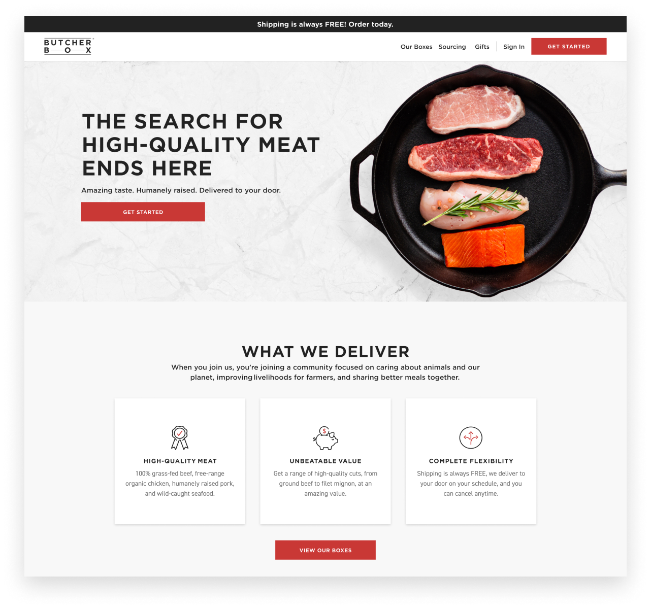 ButcherBox homepage design expressing value proposition and customer benefits