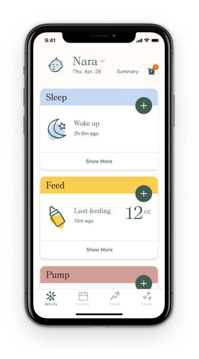 The Nara Baby Tracker activity tab allows caregivers to easily track their baby's activities.