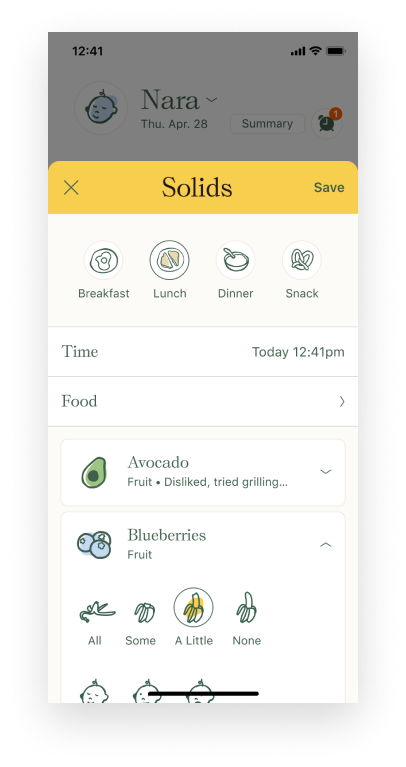 Nara baby tracker solids food editor