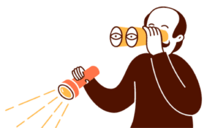 Illustration of a person with binoculars and a flashlight