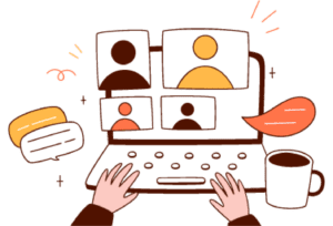 Illustration of a computer with users and speech bubbles on the screen