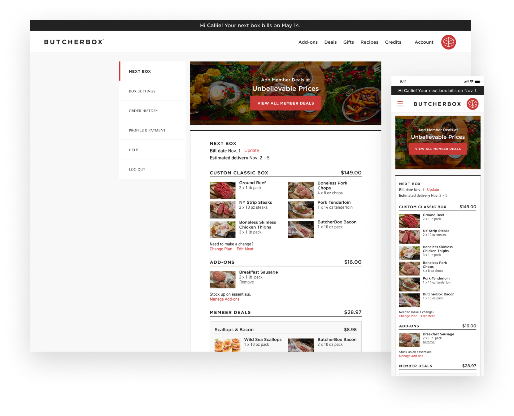 A ButcherBox subscriber can easily access and edit the details of their upcoming order in the Next Box section of their account. 