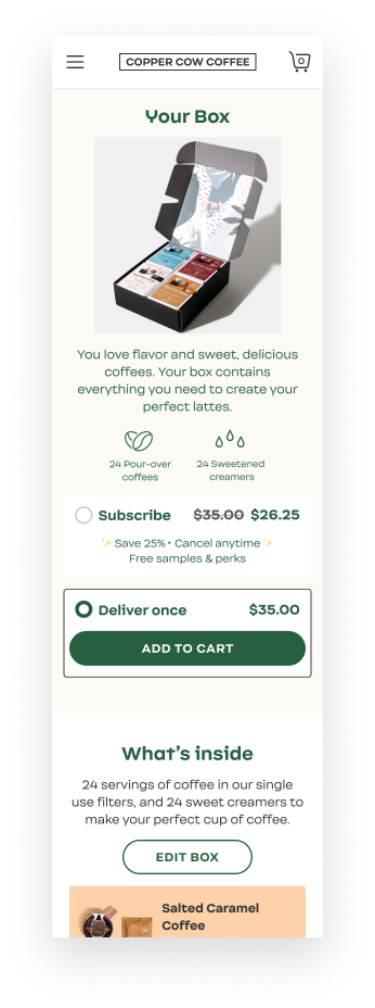 Customers can review their box before deciding to subscribe or make a one-time purchase.