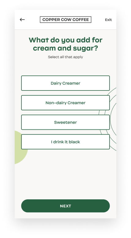 A quiz captures customer preferences about how they currently brew and drink coffee.