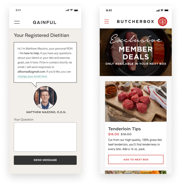 Subscriber only perks from Gainful and Butcherbox include access to a personal dietitian and deals.