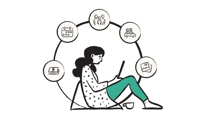 Illustration o f a woman using her computer with bubbles showing the different things she can do. This represents how the product folds into the ways users do things.