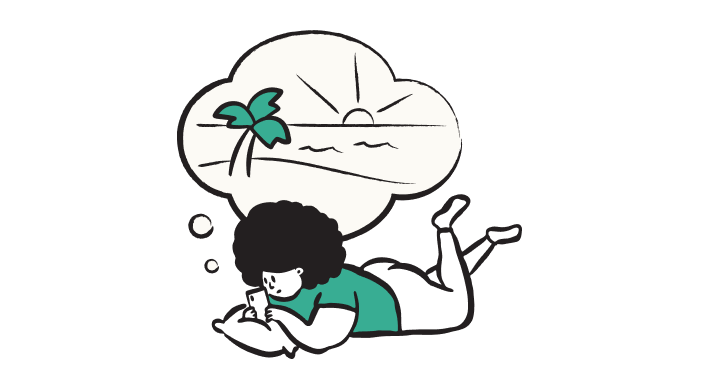 Illustration of a woman lying on the floor looking at her phone with a beach scene thought bubble. This represents users views on broader topics related to the product.