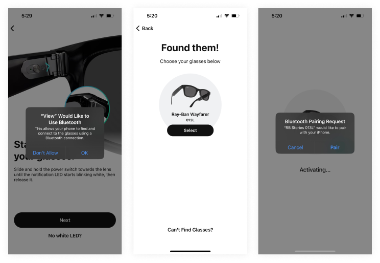 Ray-Ban Smart Glasses bluetooth connection oboarding