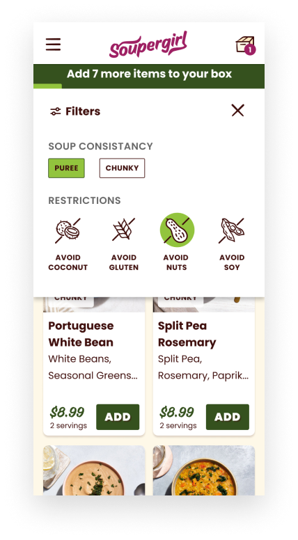 Filters allow users to find soups that matched their consistency and restriction preferences.