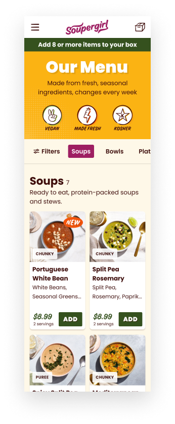 Soupergirl menu with exposed filters, large images and big Add call to action.