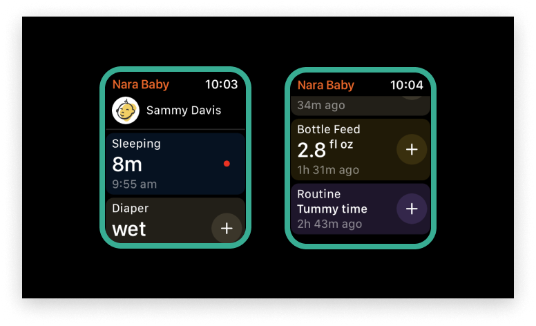 Nara Baby Tracker Watch app showing an active sleep timer and most recent bottle feed.
