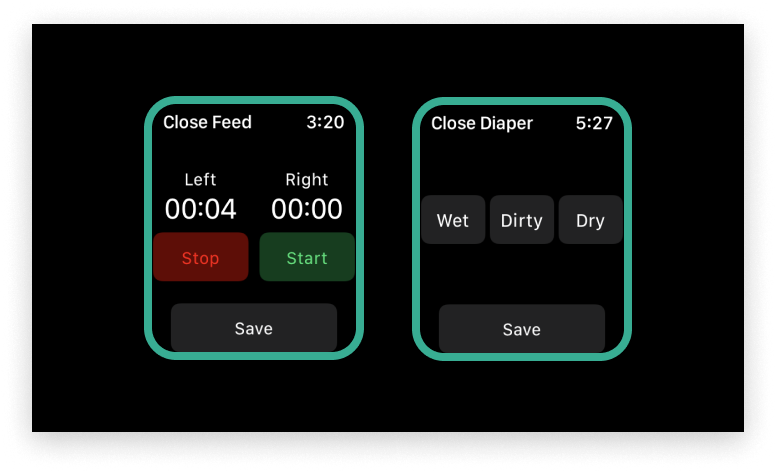 Nara Baby Tracker app UI for breastfeeding timers and diaper tracking