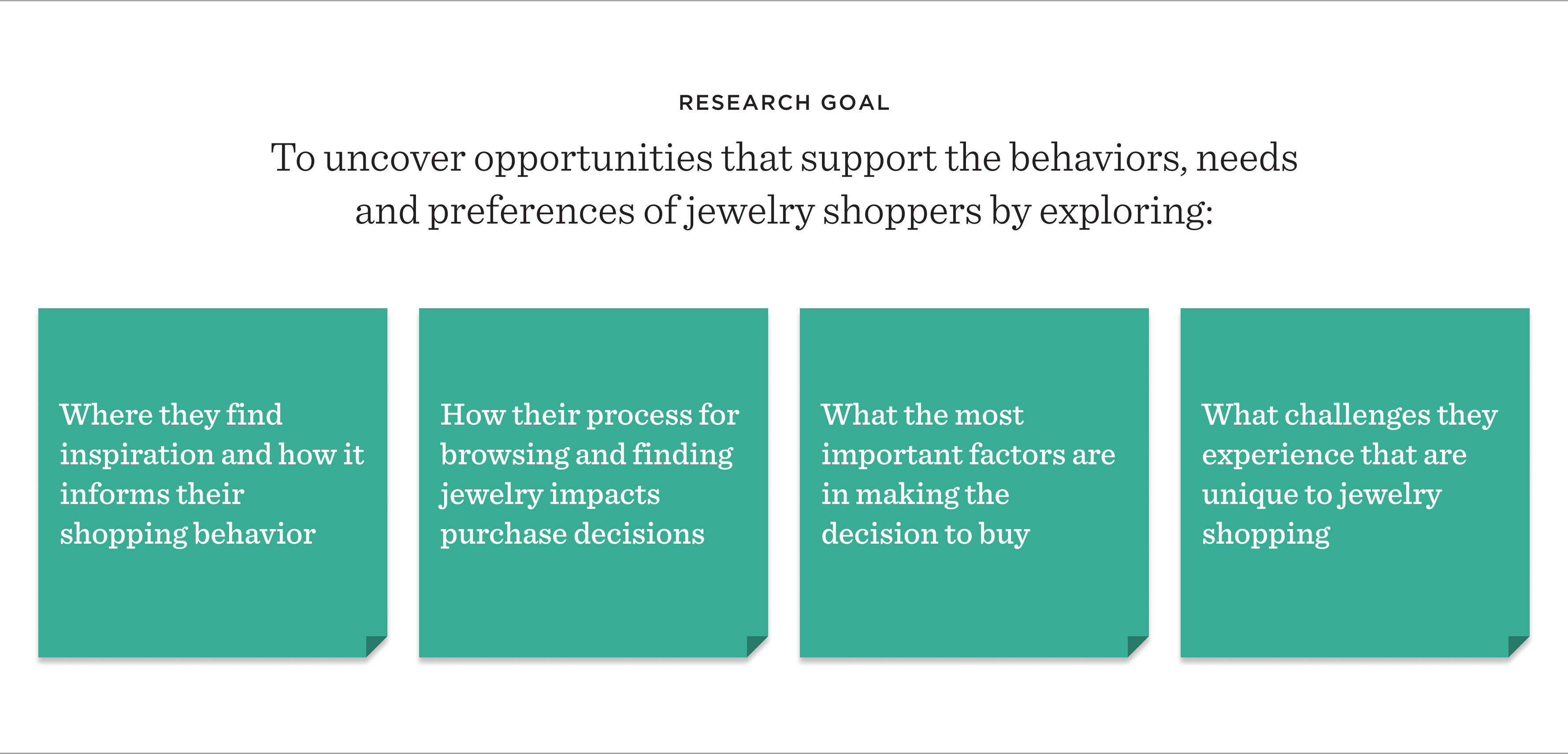 Our research goal is to understand jewelry consumers’ process for shopping for designer or vintage jewelry in order to uncover opportunities to better support their behaviors, needs and preferences.