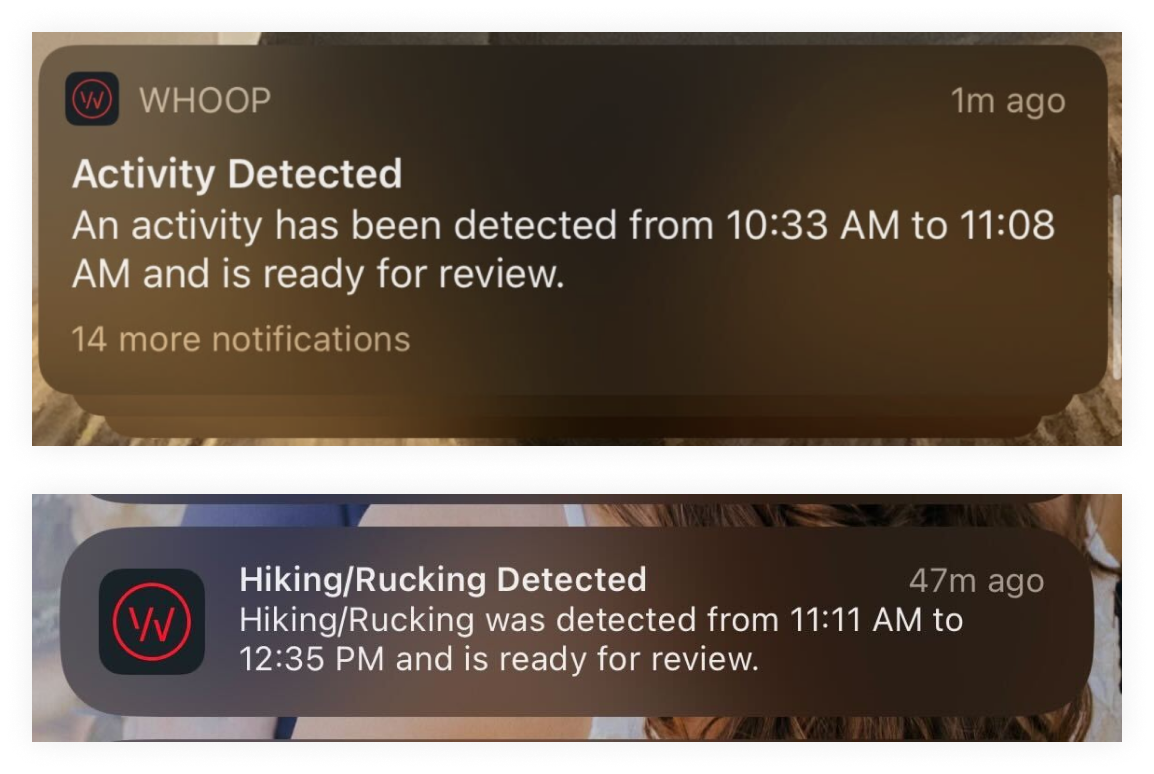 Notifications from the WHOOP app. One showing that an Activity has been detected and a second one showing that Hiking/Rucking has been detected.
