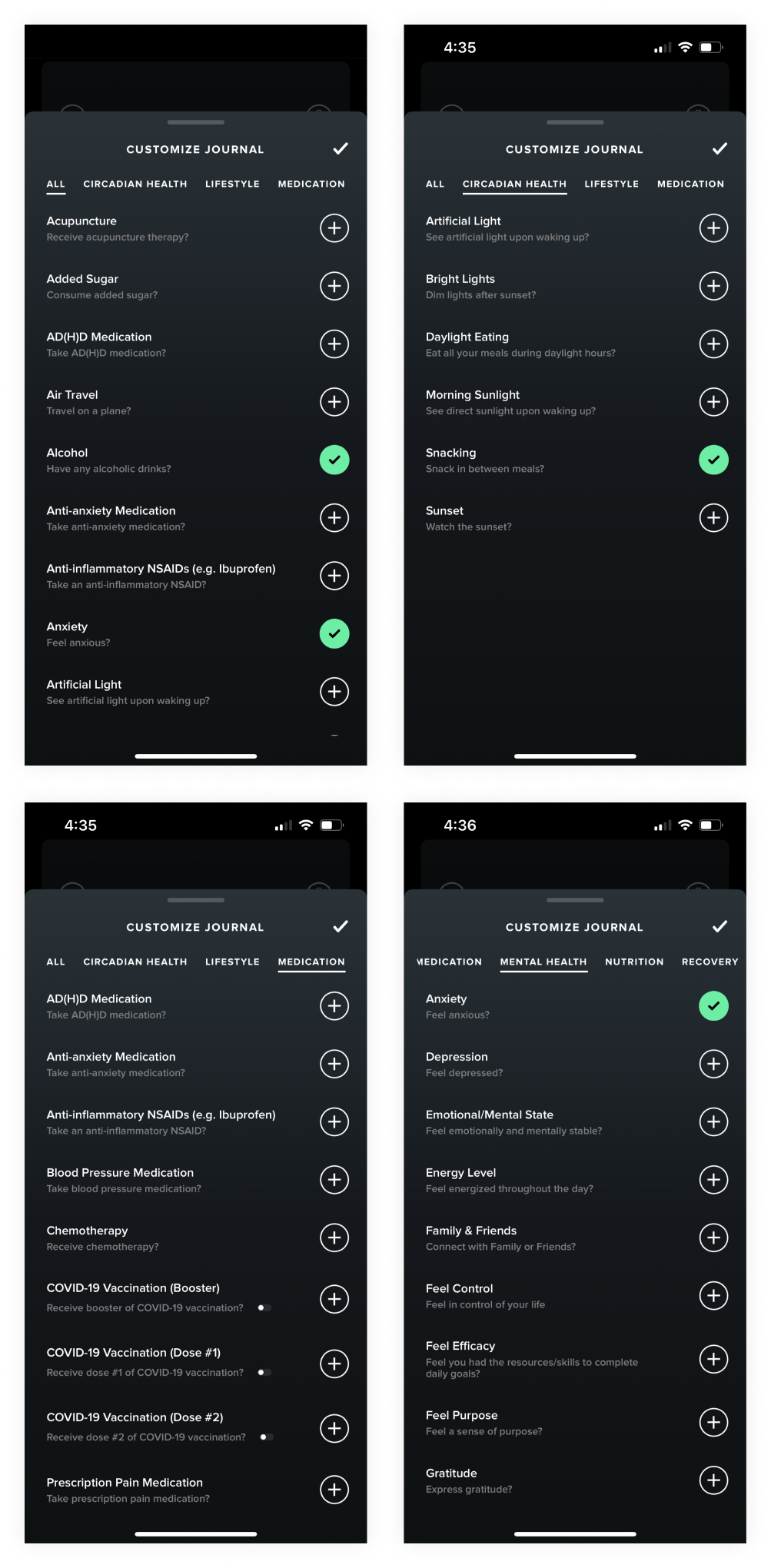 Journal customization - options of questions to add to my daily journal to track.