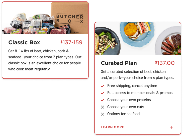 Everyday Industries designed two concepts for ButcherBox that we used to help us understand if customers prefer selecting box size or plan first in the acquisition flow.