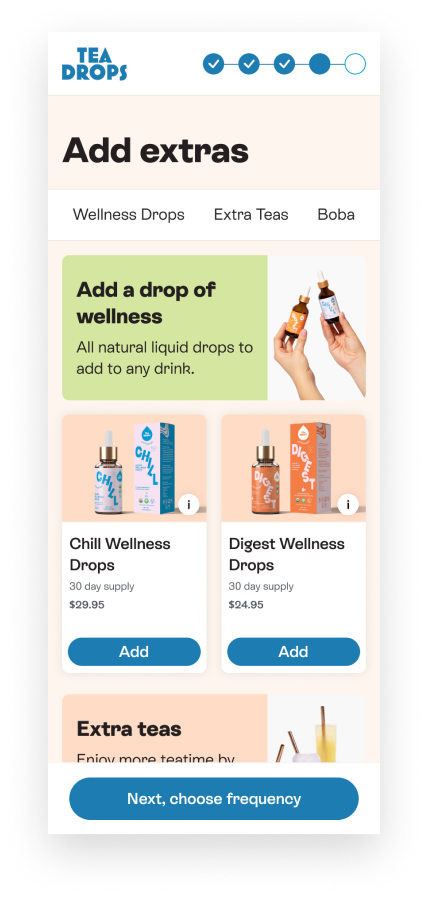 Customers can add extras to their customized box including wellness drops, extra teas, and boba.