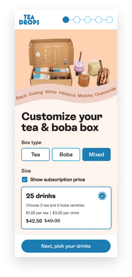 Customers can select from three box types and how many drinks they want per box.