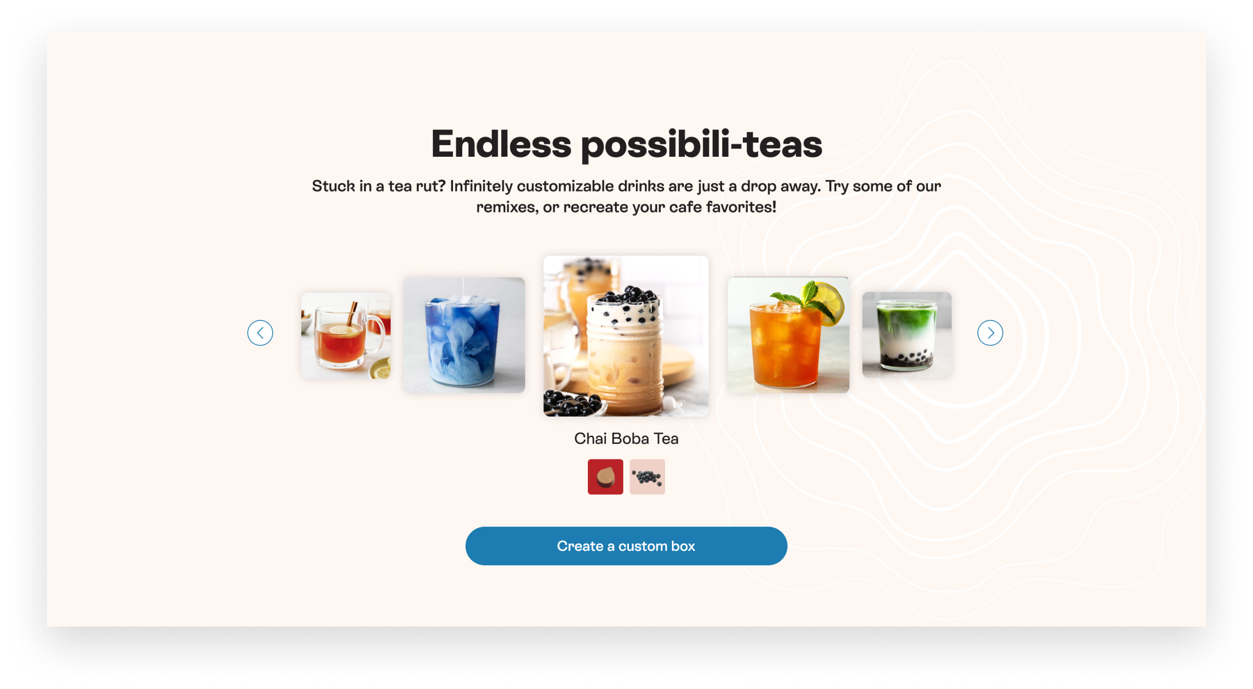 Box customization is introduced to the user through a visual showing the different types of drink combinations they can make.
