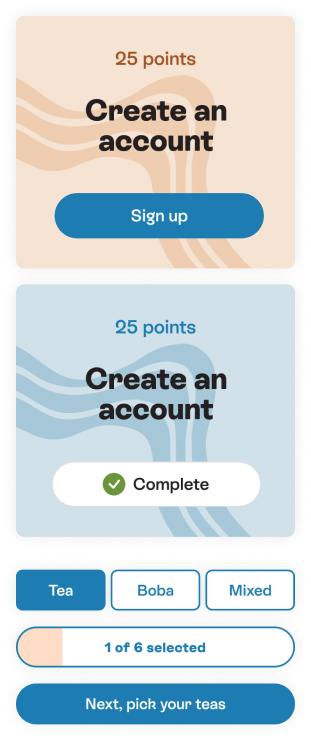 A small set of the reusable design system elements that create consistency across the site and are the foundation for future designs.