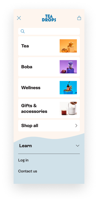 Mobile navigation exposing key categories: tea, boba, and wellness.