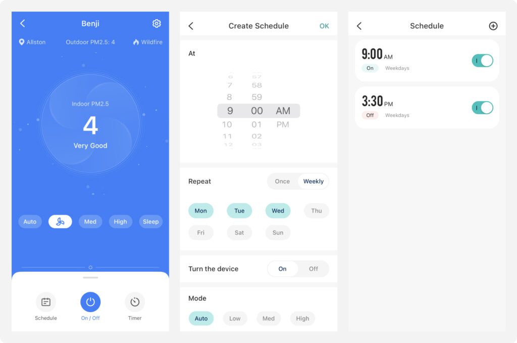 Levoit air purifier screen in the VeSync App showing air quality, fan speed controls and the ability to create schedules.