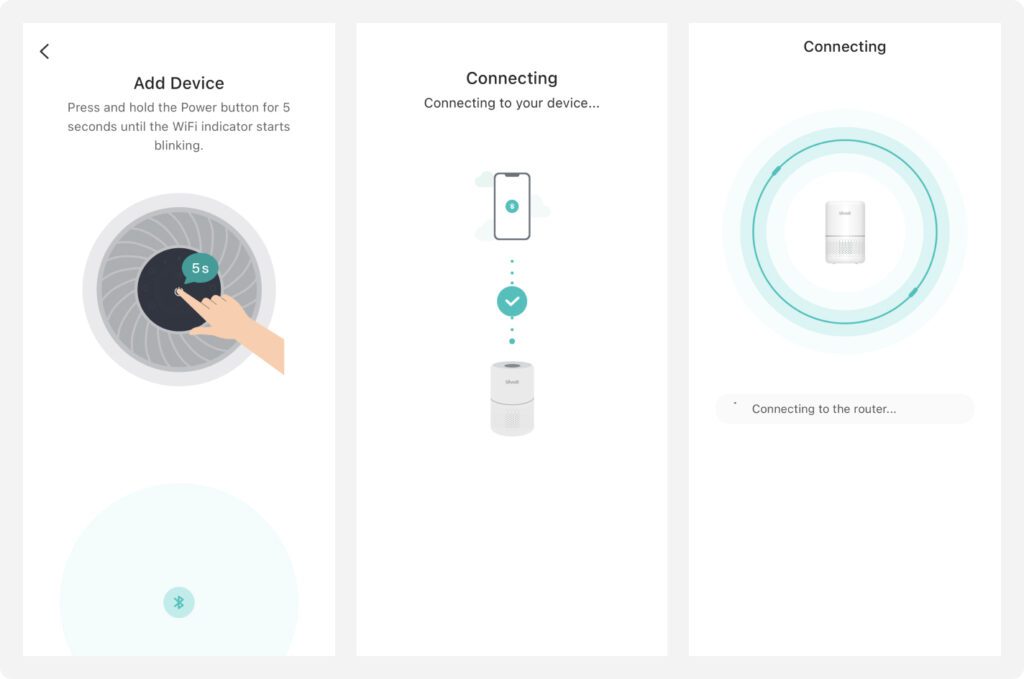 VeSync app screens showing the app connecting to the Levoit device.