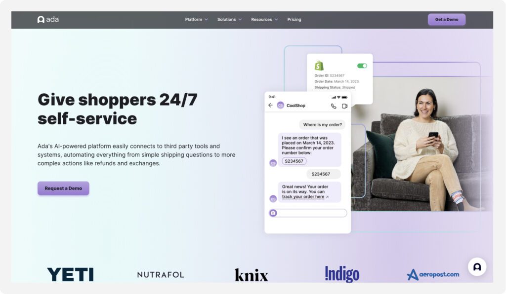 Screenshot of Ada's eCommerce Generative AI chat homepage highlighting benefits and brands who use the service.