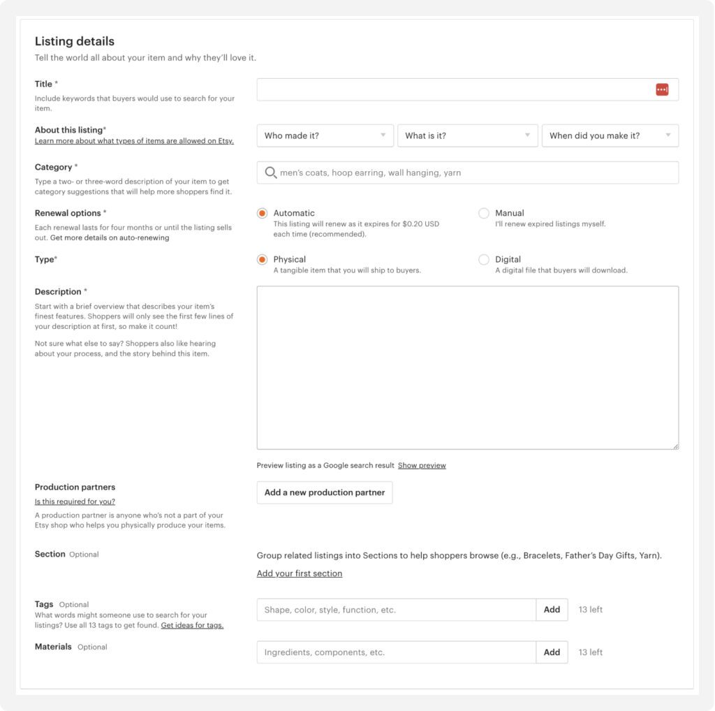 Screenshot of Etsy's listing details UI which relies heavily on helper text to guide seller content creation. It's overwhelming and doesn't help the seller as they are actively writing titles and descriptions.