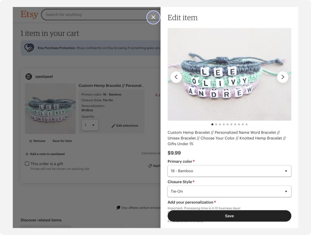 Screenshot of Etsy's cart showing the ability to edit product attributes.